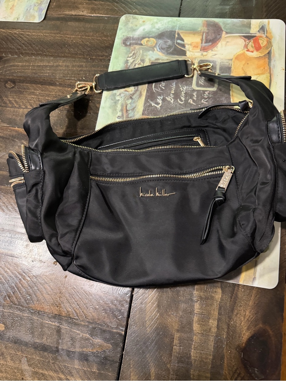 Nicole Miller Black Nylon Shoulder Hobo with Gold Accents